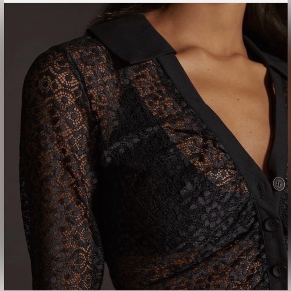 Maeve Anthropologie Sheer Open Lace Button Up Black Collared Shirt Top M NWT - Picture 3 of 14